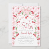 Cherry auf der oberen rosa Bow QR Code Baby Dusche Einladung (Vorderseite)