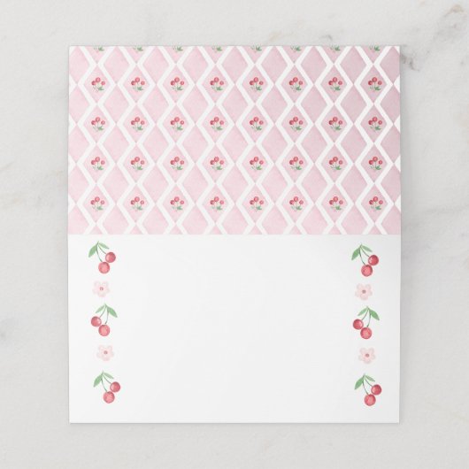 Cherry auf der Oberseite Pink Baby Dusche Essen Platzkarte (Außenseite Aufgefaltet)