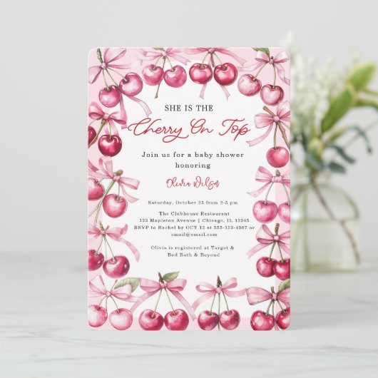 Cherry auf der Oberseite Pink-Bugbeeren Baby Girl  Einladung (Stehend Vorderseite)