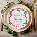 Cherry auf der obersten Schleife whimsical Geburts Pappteller<br><div class="desc">Cherry auf der oberen Band whimsical Geburtstagsparty mit Monogramm Papier Teller Vorlage,  niedliche Kirschen mit einem roten Bugband Geburtstagsparty personalisiert Party Teller,  Kirsche Geburtstag Partei personalisierte Tischdekoration Sommer Obst Party Papier Teller Kirsche Grenze Geburtstagsparty Lieferungen</div>
