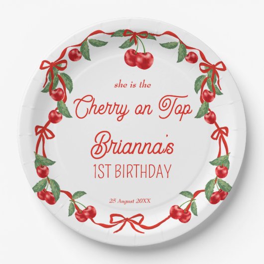 Cherry auf der obersten Schleife whimsical Geburts Pappteller (Vorderseite)