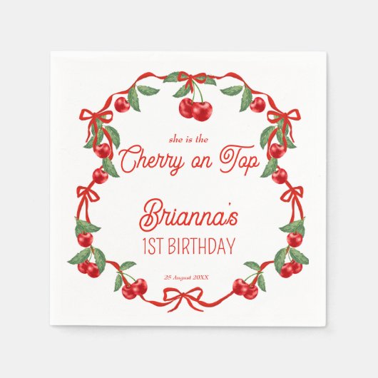 Cherry auf der obersten Schleife whimsical Geburts Serviette (Vorderseite)