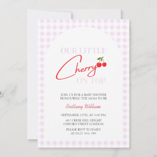Cherry auf der Pink Checkered Girl Baby Dusche Einladung (Vorderseite)