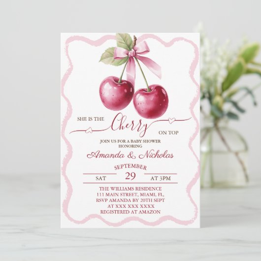 Cherry auf der rosa Bow Babydusche Einladung (Stehend Vorderseite)