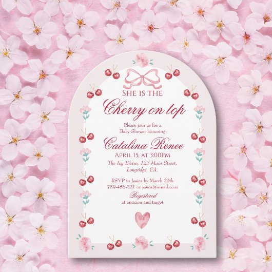 Cherry auf der rosa Bow Red Baby Dusche Einladung