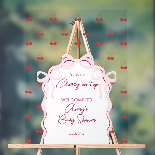 Cherry auf der rosa Bow Red Baby Girl Dusche Acrylschild (Neutral)