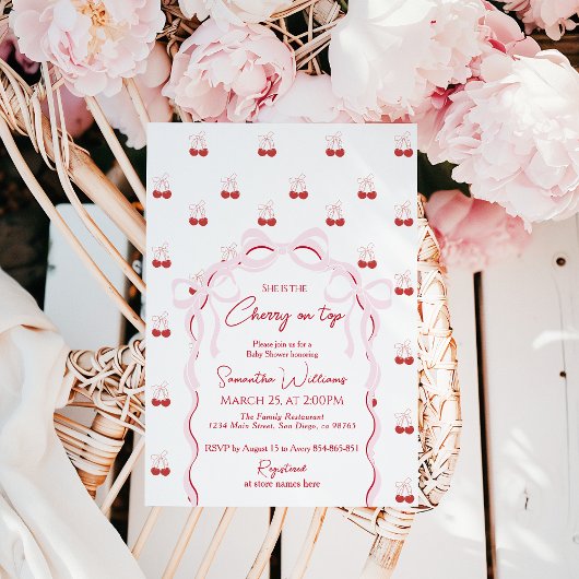 Cherry auf der rosa Bow Red Baby Girl Dusche Einladung