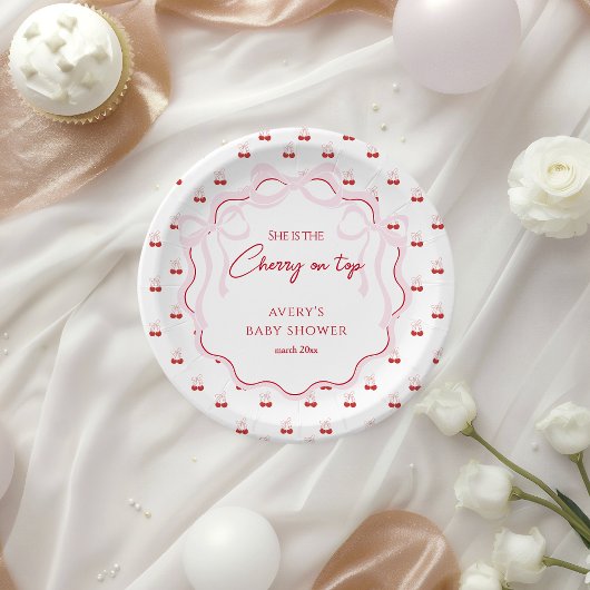 Cherry auf der rosa Bow Red Baby Girl Dusche Pappteller