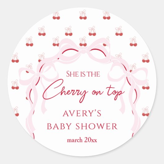 Cherry auf der rosa Bow Red Baby Girl Dusche Runder Aufkleber (Vorderseite)