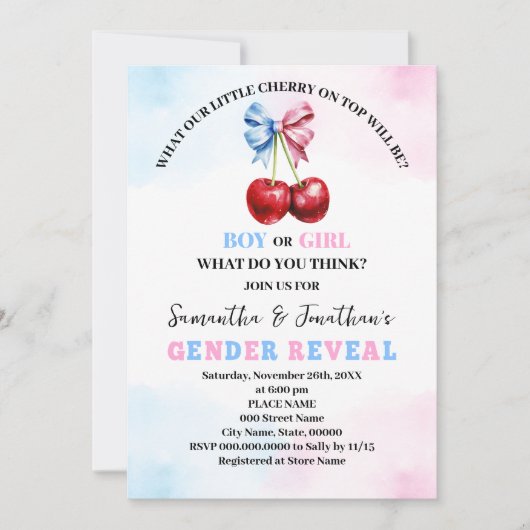 Cherry auf der Rosa- oder Blauen-Genderdarstellung Einladung (Vorderseite)