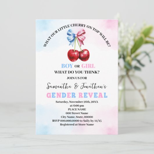 Cherry auf der Rosa- oder Blauen-Genderdarstellung Einladung (Stehend Vorderseite)