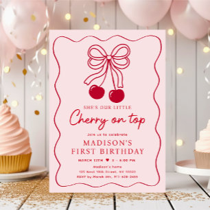 Cherry auf der Spitze rosa Bow Geburtstag Einladung