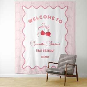 Cherry auf der Spitze rosa Bow Geburtstag Wandteppich