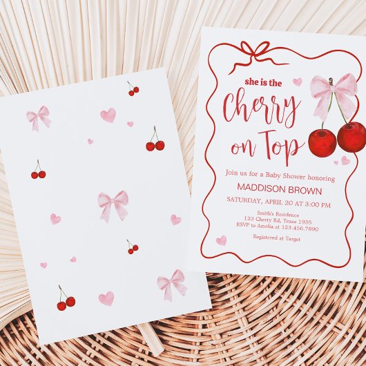 Cherry auf der Top Pink Bow Baby Dusche Einladung
