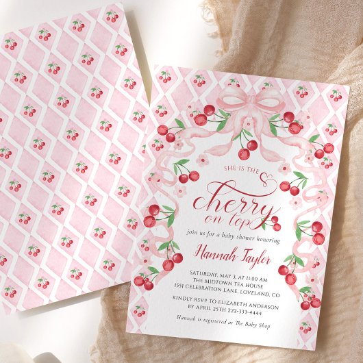 Cherry auf der Top Pink Bow Baby Dusche Einladung