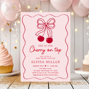 Cherry auf der Top Pink Bow Baby Dusche Einladung