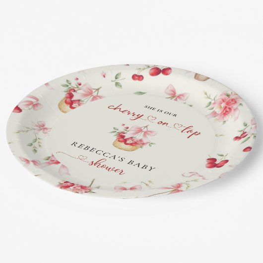 Cherry auf der Top Pink Bow Baby Dusche Pappteller (Schrägansicht)