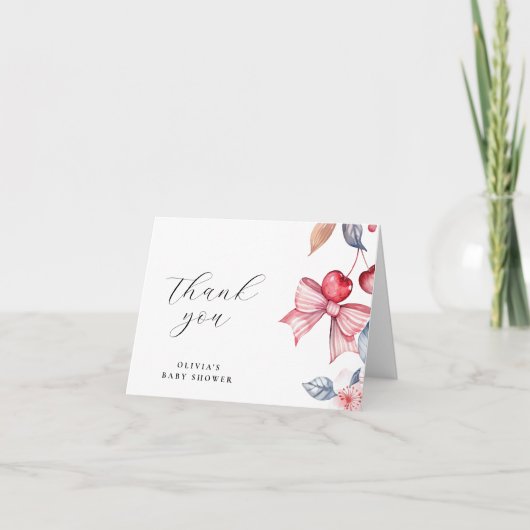 Cherry auf der Top Pink Bow Coquette Babydusche Dankeskarte (Vorderseite)