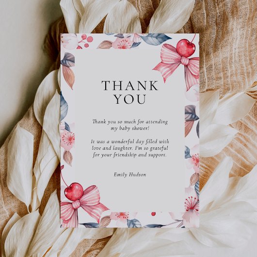 Cherry auf der Top Pink Bow Coquette Babydusche Dankeskarte