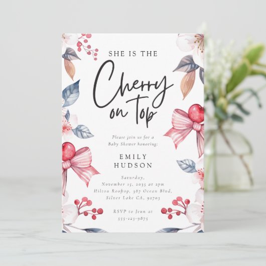 Cherry auf der Top Pink Bow Coquette Babydusche Einladung (Stehend Vorderseite)