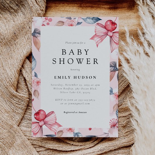 Cherry auf der Top Pink Bow Coquette Babydusche Einladung