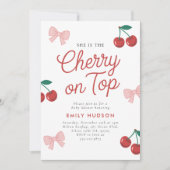 Cherry auf der Top Pink Bow Coquette Babydusche Einladung (Vorderseite)