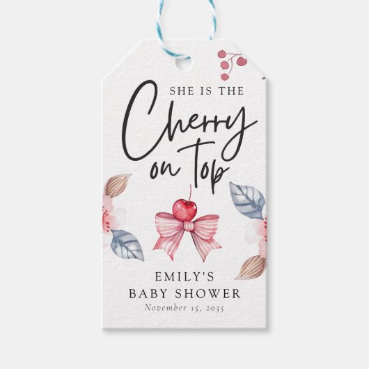 Cherry auf der Top Pink Bow Coquette Babydusche Geschenkanhänger (Vorderseite)