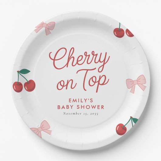 Cherry auf der Top Pink Bow Coquette Babydusche Pappteller (Vorderseite)