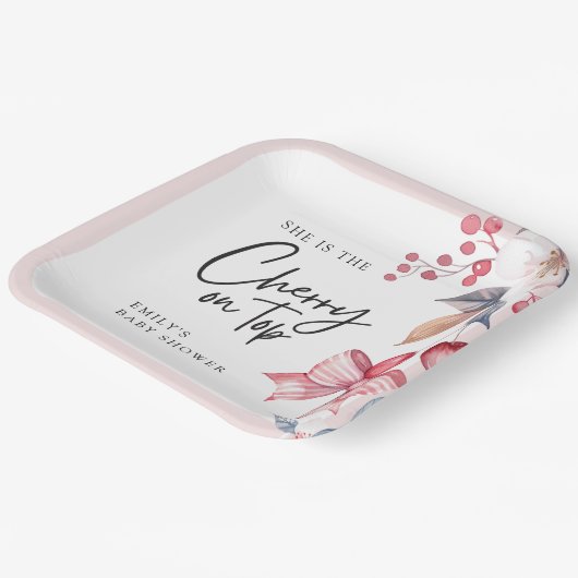 Cherry auf der Top Pink Bow Coquette Babydusche Pappteller (Gewinkelt)