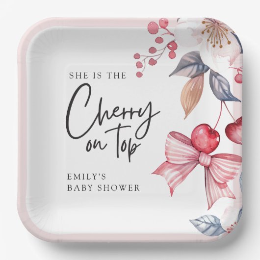 Cherry auf der Top Pink Bow Coquette Babydusche Pappteller (Vorderseite)