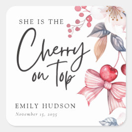 Cherry auf der Top Pink Bow Coquette Babydusche Quadratischer Aufkleber