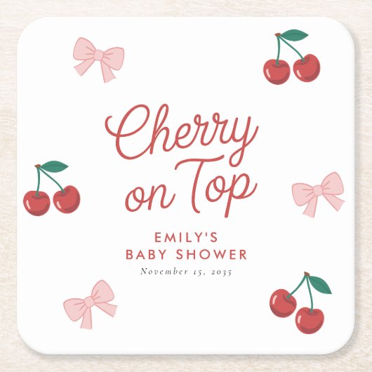 Cherry auf der Top Pink Bow Coquette Babydusche Rechteckiger Pappuntersetzer (Vorderseite)