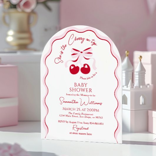 Cherry auf der Top Pink Bow Red Baby Girl Dusche I Einladung