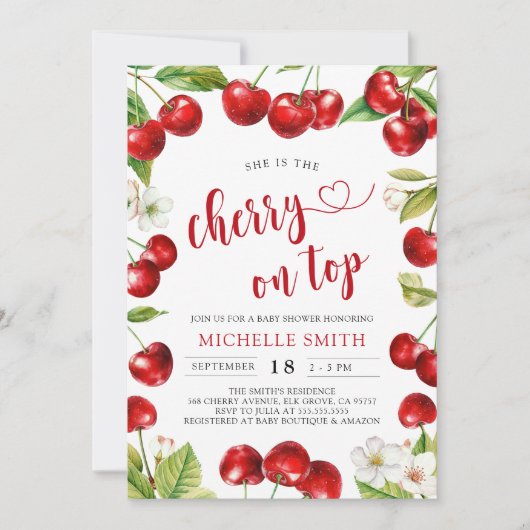 Cherry auf der Top Red Cherry Baby Dusche Einladung (Vorderseite)