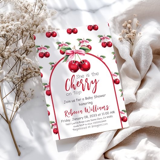 Cherry auf Top Coquette Pink Bow Girl Babydusche Einladung