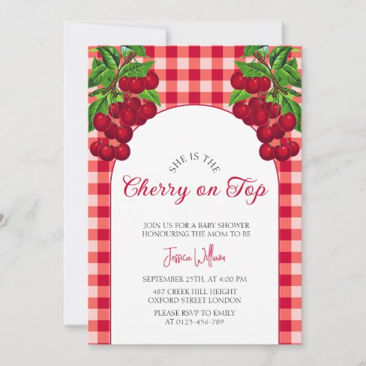 Cherry auf Top Fall Gingham Kariert Baby Shower Einladung (Vorderseite)
