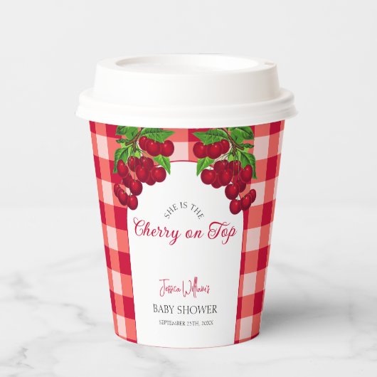 Cherry auf Top Fall Gingham Kariert Baby Shower Pappbecher (Vorderseite)