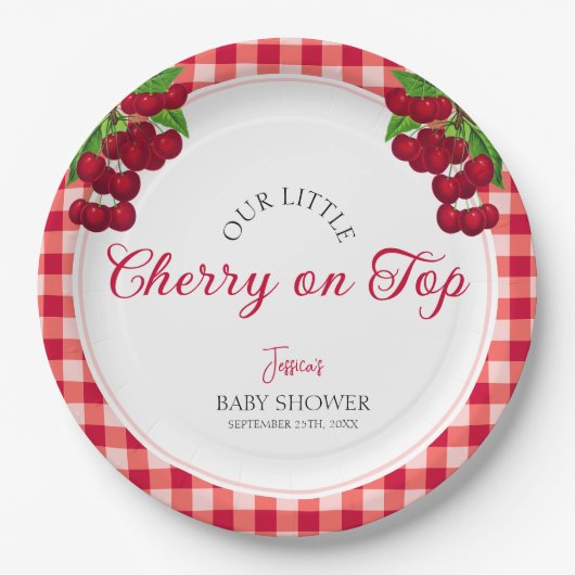 Cherry auf Top Fall Gingham Kariert Baby Shower Pappteller (Vorderseite)
