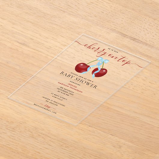 Cherry auf Top-moderne Babydusche Blue Bow Bow Acryleinladungen (Ablage )