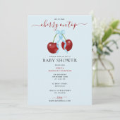 Cherry auf Top-moderne Babydusche Blue Bow Bow Einladung (Stehend Vorderseite)