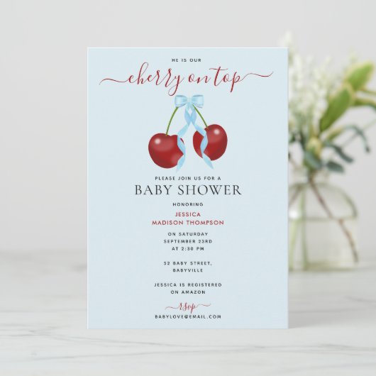 Cherry auf Top-moderne Babydusche Blue Bow Bow Einladung (Stehend Vorderseite)