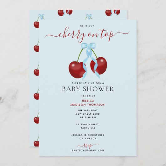 Cherry auf Top-moderne Babydusche Blue Bow Bow Einladung (Vorne/Hinten)