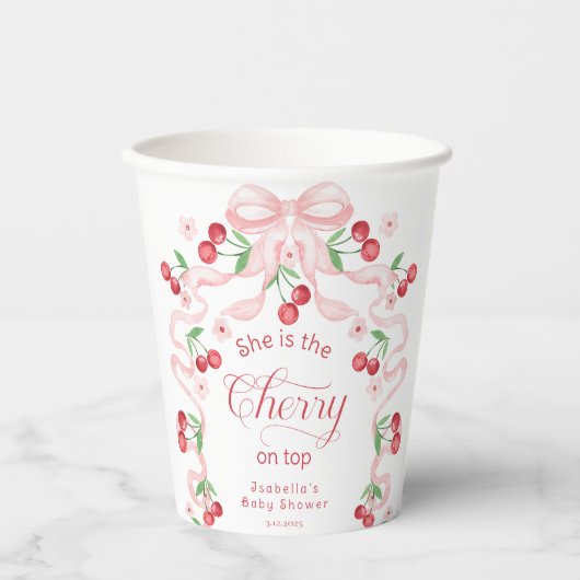 Cherry auf Top Pink Bow Coquette Baby Dusche Pappbecher (Vorderseite)
