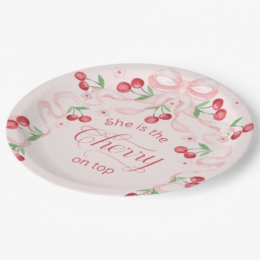 Cherry auf Top Pink Bow Coquette Baby Dusche Pappteller (Schrägansicht)