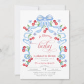 Cherry Baby ist im Begriff Bloom Blue Bow Babydusc Einladung (Vorderseite)