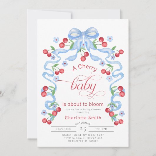 Cherry Baby ist im Begriff Bloom Blue Bow Babydusc Einladung (Vorderseite)