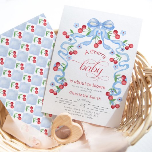 Cherry Baby ist im Begriff Bloom Blue Bow Babydusc Einladung