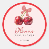 Cherry Baby Shower Favor Sticker with Pink Bow (Vorderseite)