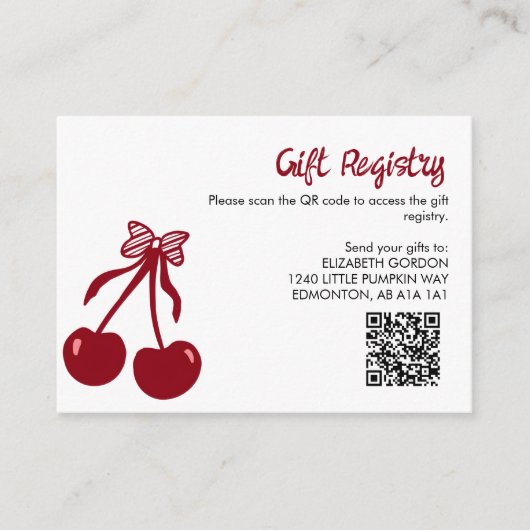 Cherry Baby Shower Gift Registry QR Code Sweet Bow Begleitkarte (Vorderseite)