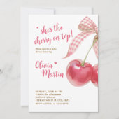 Cherry Baby Shower Invitation: Pink Bow, Berries Einladung (Vorderseite)